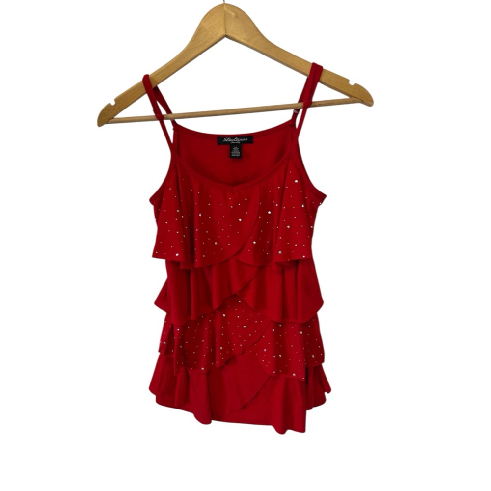 Women's Red Ruffled Tank Top Holiday Wear Silver Embellishments S
